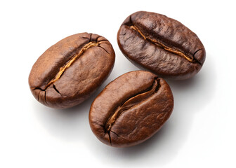 Three roasted coffee beans on a white surface ready for grinding and brewing