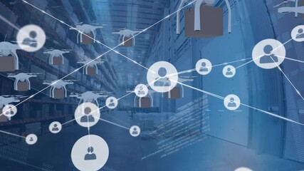 Animation of network of connections with icons and delivery drones over warehouse - Powered by Adobe