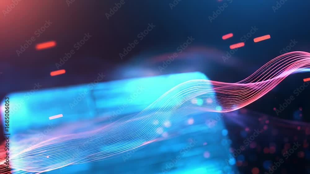 Poster futuristic hologram floating on abstract waves of data, big data visualization