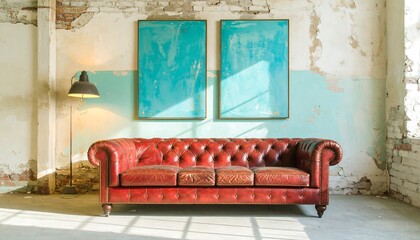 Red leather Chesterfield sofa in industrial setting