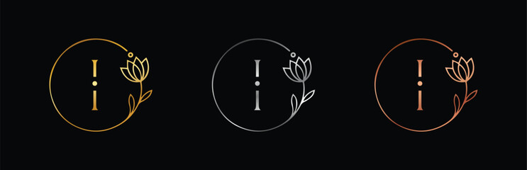 Luxury Gold, Silver & Rose Gold Letter I Logo with Floral Accent. Elegant Monogram for Beauty, Jewelry, and Wedding Branding.