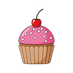 Cute cartoon cupcake with pink frosting, sprinkles, and cherry on top. Vector dessert illustration perfect for bakery, sweets, food design, or celebration themes