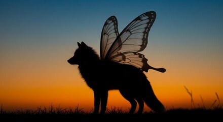 Fototapeta premium Silhouette fox with wings at sunset