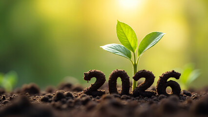 Plant seed on forest floor soil. New year 2026 globe earth ball forest europe, africa, asia sustainable and environment concept. Reforestation and woodland landscape from above.