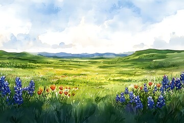 Vibrant Texas Wildflowers Blooming in a Rolling Green Landscape.