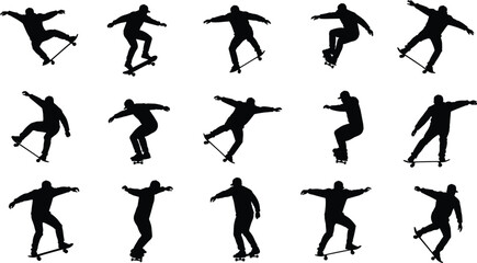 Silhouette of skateboarder performing tricks, skateboarding jumps, urban street sport, action pose, balance, freestyle, extreme sport, black outline figure