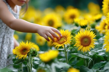 Child picking a sunflower in a vibrant field on a sunny day