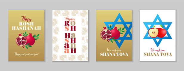 Happy Rosh Hashanah, Shana Tova 2025 creative greeting cards set. Happy and sweet New Year with pomegranates and apples on a golden pattern. Template for posters or banners for the Jewish holiday