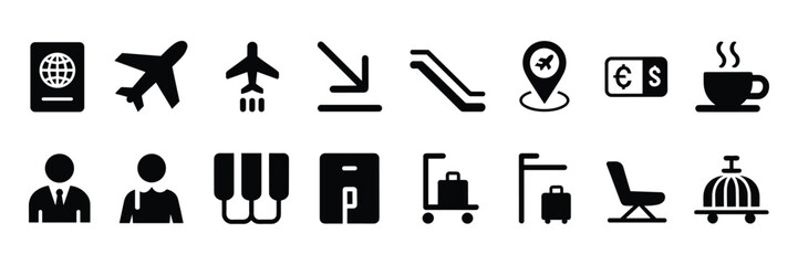 Airport & Travel Icon Set – Black Silhouette Symbols for Aviation, Facilities, and Passenger Services
