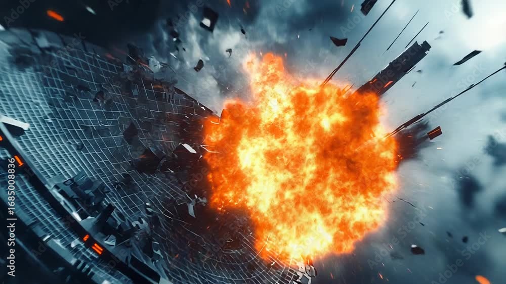 Poster exploding satellite debris creating fireball in outer space