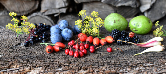 Still life of wild fruits placed on a wooden board