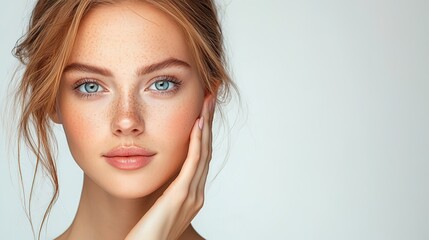 Fototapeta premium Young Woman with Freckles, Blue Eyes and Long Hair Touching Her Face Against a Light Background 