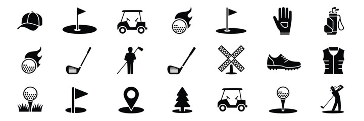 Golf Icon Set – Black Silhouette Symbols for Equipment, Players, and Course Elements