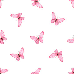 Seamless pattern with delicate flying pink butterflies. Watercolor hand-painted illustration. Isolated element on a white background. For textiles, wallpaper, fabrics, packaging, decoration.