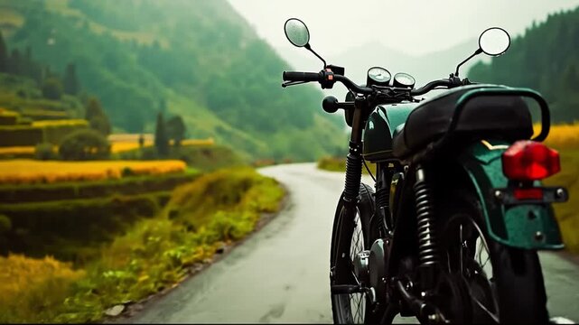 A motorcycle parked on the side of a dirt road