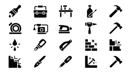 Tool & Hardware Icon Set – Black Silhouette Symbols for DIY, Construction, and Workshop Equipment