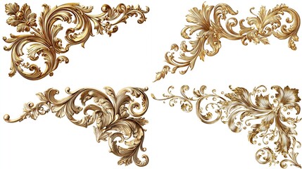 Four ornate gold corner embellishments, detailed with stylized foliage and flourishes