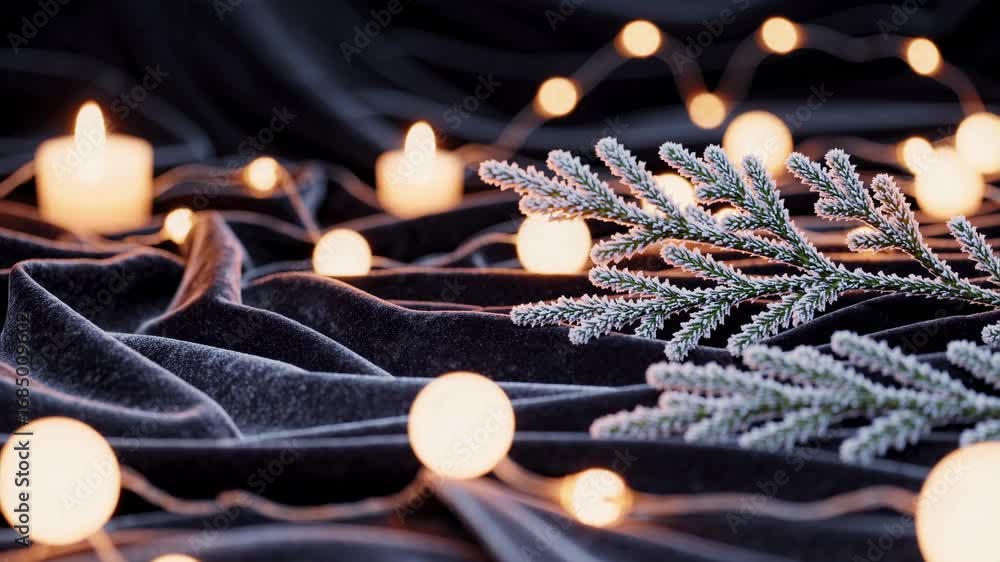 Poster festive velvet drapes with glowing string lights and frosted pine branches, creating a warm and invi