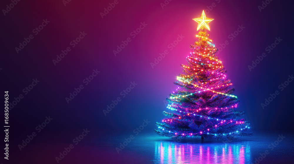 Poster futuristic neon christmas tree on glowing background with empty space for text or product display, p