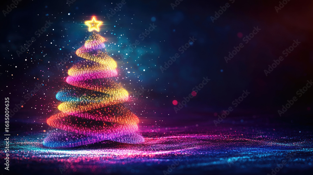 Poster futuristic neon christmas tree on glowing background with empty space for text or product display, p