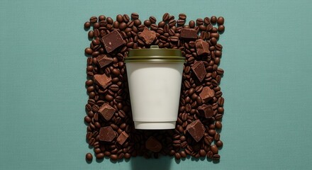 A White Coffee Cup Surrounded By Dark Chocolate And Coffee Beans On A Teal Fabric Surface