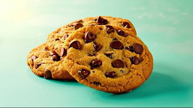 A stack of chocolate chip cookies on a blue surface