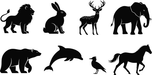 Animal silhouettes vector, wildlife illustration set, black animal shapes, lion, rabbit, deer, elephant, bear, dolphin, bird, horse icons, editable SVG
