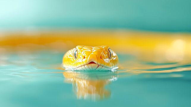 Bright yellow snake emerges from turquoise water