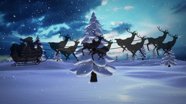 Animation of snow falling over silhouette of santa claus in sleigh with reindeer in winter scenery