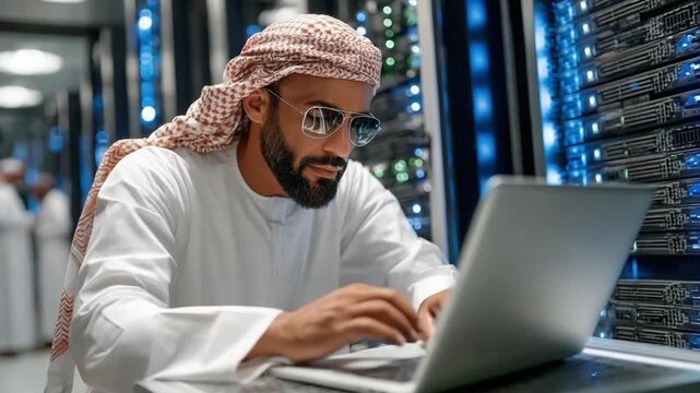 Cybersecurity Expert at Work: A tech-savvy individual, dressed in traditional attire, intently works on a laptop in a high-tech data center, showcasing expertise and innovation.