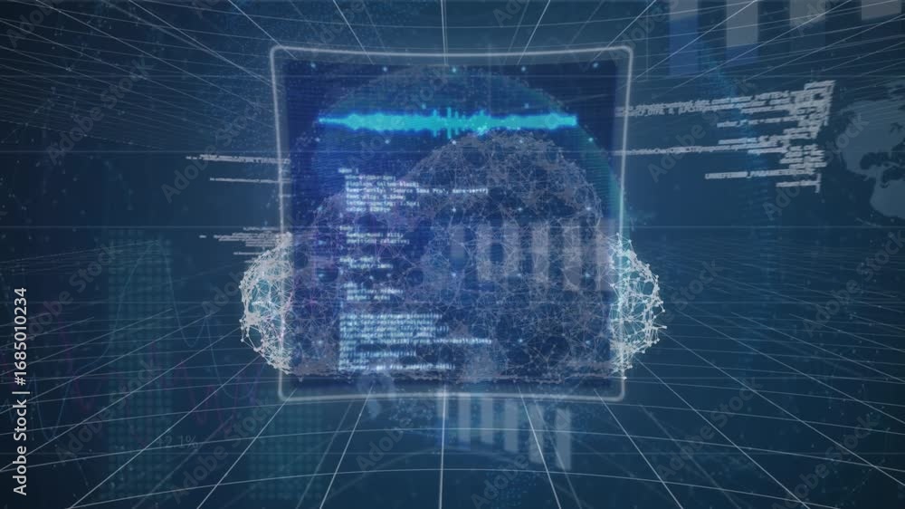 Poster animation of data and cloud over globe on blue background