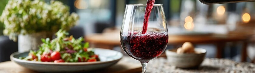 Female hand pouring red wine to glass concept. A vibrant image of red wine being poured into a glass.