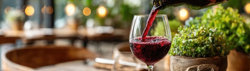 Female hand pouring red wine to glass concept. A glass of red wine being poured in a cozy setting.