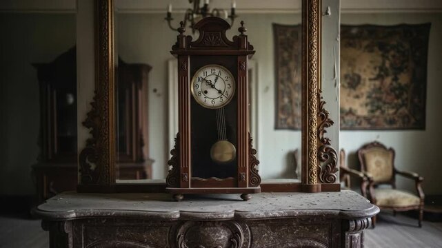 Antique pendulum clock on marble mantelpiece with ornate frame and tapestry in vintage interior.