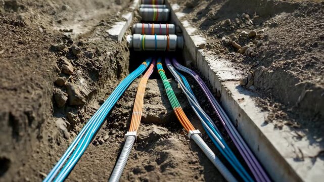 Multiple underground fiber optic cables of various colors installed in construction trench for telecommunication network
