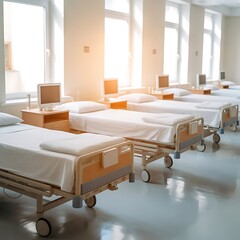 Row of empty beds in a hospital room with natural light coming through