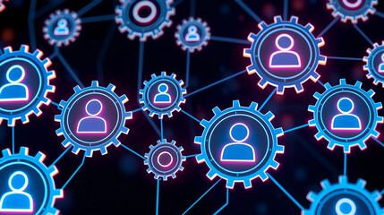 Multiple glowing gears with user icons symbolize digital connections, teamwork, and innovation in a futuristic interconnected system.
