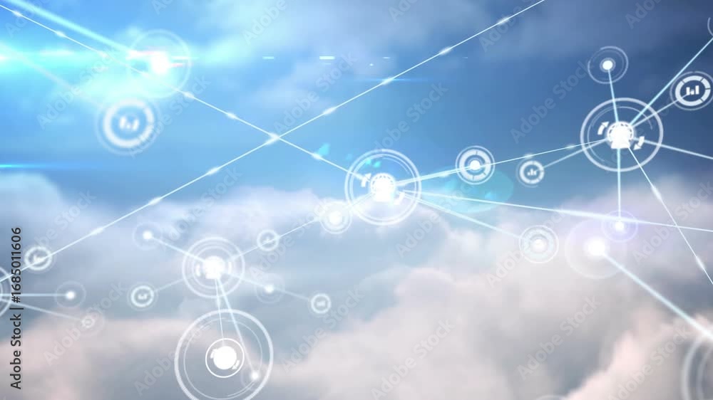 Aufkleber animation of network of connections with icons over sky with clouds
