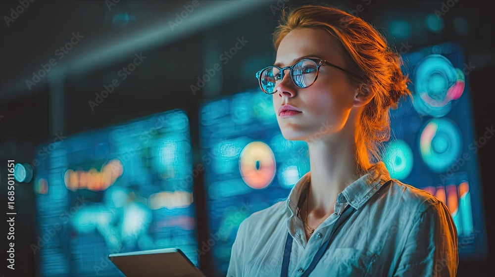 Poster human resource within a business background concept. focused woman analyzing data in a high-tech env