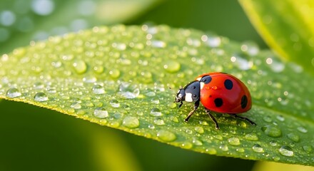 Closeup of a ladybug on a wet green leaf with dew drops