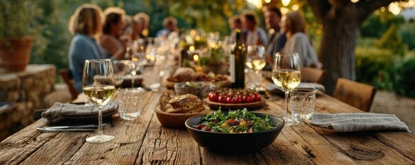 Fototapeta premium Friends laughing at outdoor dinner restaurant concept. A vibrant outdoor dining scene with delicious dishes served.