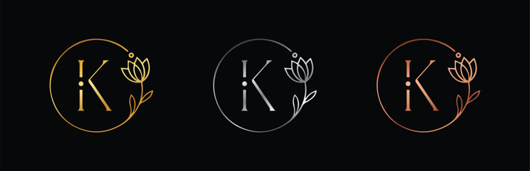 Elegant Gold, Silver & Rose Gold Letter K Monogram. Hand-Drawn Floral Icon for Wedding Invitations and Feminine Logos.