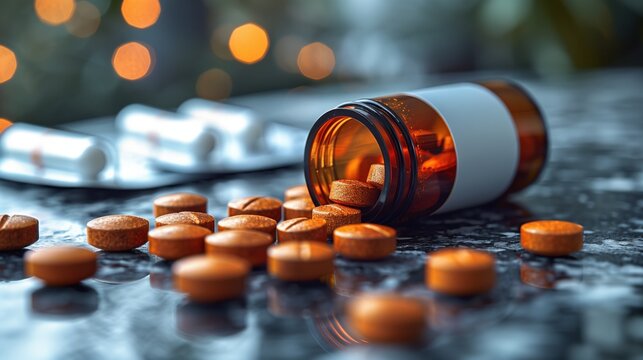 Antidepressant Death Awareness Month. medicine bottle with clear warning label in focus, educational pamphlets about medication safety spread nearby