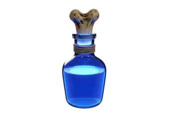 A glass bottle with a bone-shaped stopper, filled with luminous blue liquid, stands against a stark black background.