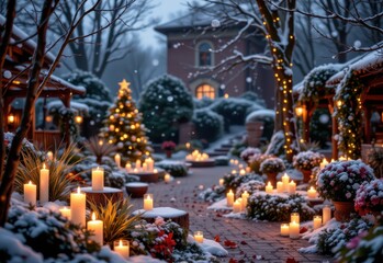 romantic christmas garden with hundreds of candles, warm soft glow, snow falling gently, intimate cozy magical outdoor evening for two.