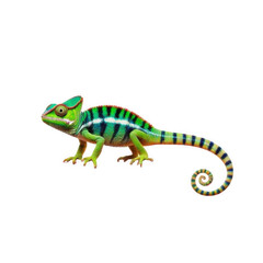 Green and Blue Striped Chameleon with Curled Tail on Transparent Background