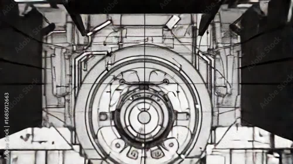 Poster complex engineering blueprint showing futuristic machine design