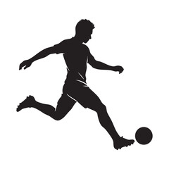 Black silhouette of a soccer player kicking a ball, sporty action vector.