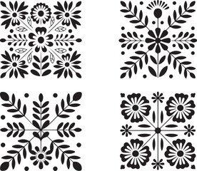 Elegant Floral Ornament in a timeless black and white style, featuring a beautiful collection of flower silhouettes.