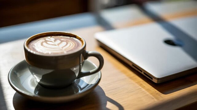 Cup of coffee and laptop on wooden table